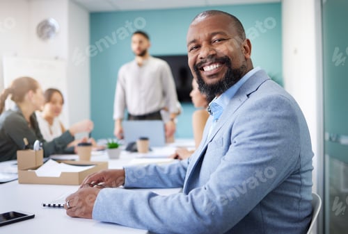 Preview: Office, business meeting and portrait of black man for conversation, collaboration and discussion.