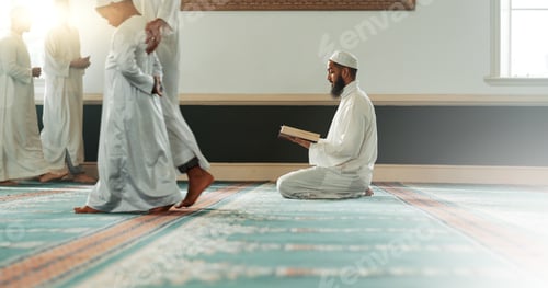 Preview: Quran, islamic and man reading for faith in a mosque for praying, peace and spiritual care in holy