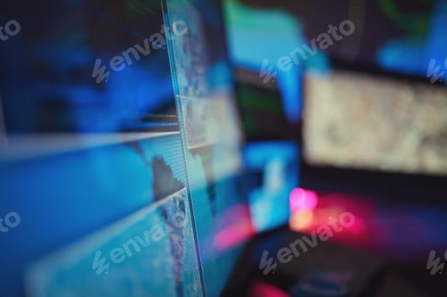 Preview: Dark, empty office and computer for cyber security, global coding or monitor. Closeup, technology a