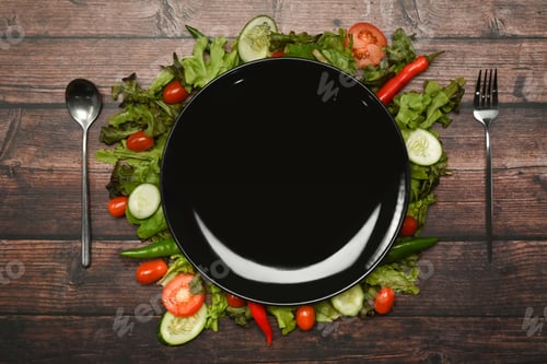 Preview: Fresh vegetables around a round empty plate on a wooden background.