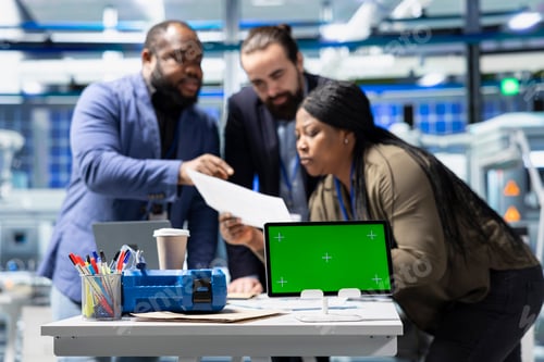 Preview: Professionals engineering group reviews solar panels next to chroma key