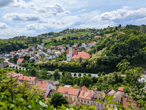 Preview: Franciscan monastery and Saint Catherine's Church surrounded by forest at Krapina, Croatia , county