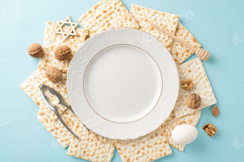 Preview: Symbolic Passover arrangement with top view of empty plate, surrounded by matza, walnuts, an egg
