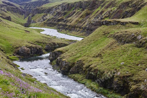 Preview: Basalt mountains and river landscape. Green scenic outdoor in Iceland