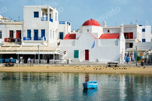 Preview: Blue fishing boat in port harbor on Mykonos island, Greece