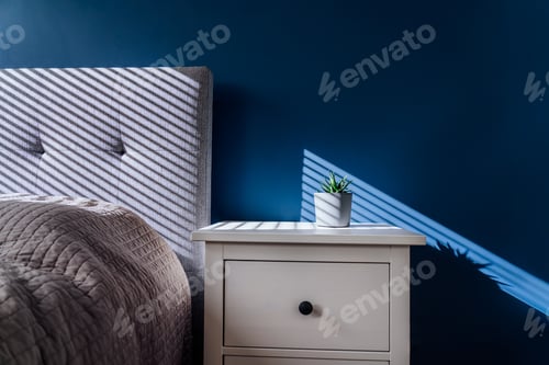 Preview: Succulent in concrete plant pot with decorative shadows on blue wall and bedside table in bedroom