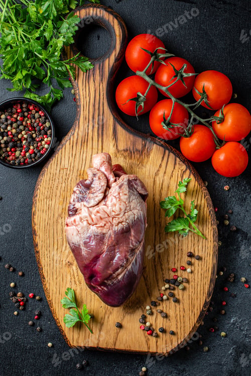 Preview: Raw Pork Or Beef Heart Piece Of Meat Second Course Snack Ready To Eat On The Table Healthy Meal