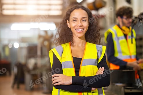 Preview: portrait african american black woman worker happy smile work in heavy metal machine industry