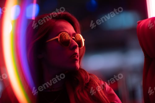 Preview: Portrait of young woman with long black hair and red leather jacket with neon pink lights