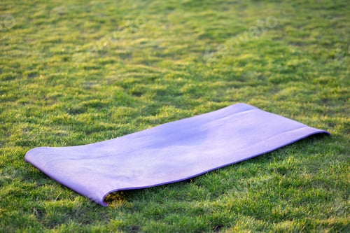 Preview: Blue mat for yoga or fitness on green grass lawn outdoors.