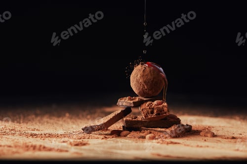 Preview: close up view of pouring caramel onto heap made of truffle and chocolate bars on black