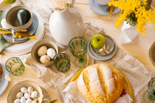Preview: rustic breakfast in a rustic home kitchen with farm eggs, green apple, fresh wheat bread. Organic