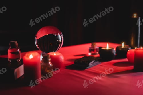 Preview: Blurred burning candles near magic orb and tarot cards isolated on black
