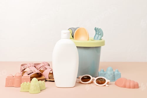 Preview: Kids summer accesories and sun screen bottle for sunny vacations