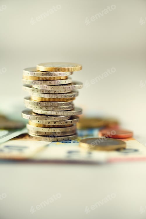 Preview: Euro money, currency. Success, wealth and poverty, poorness concept. Euro coins stack on grey