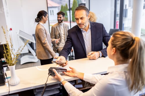 Preview: Businessman arriving in a hotel with his colleagues for a business conference.
