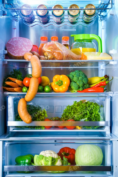 Preview: Open refrigerator filled with food