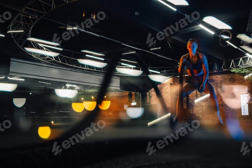 Preview: Determined sportswoman doing crossfit workout with battle ropes in gym