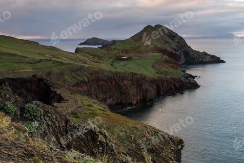Preview: Ponta de Sao Lourenco, Madeira , Portugal. Sunrise over green cliffs and spring flowers
