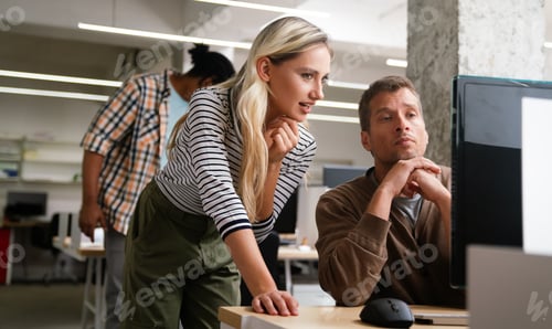 Preview: Business solutions, technology and strategy concept. Colleagues working and brainstorming in office