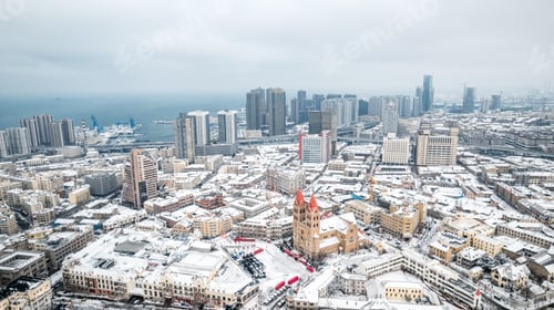 Preview: Aerial shot of the St. Michael's Church in Qingdao, Shandong Province, China on a snowy day