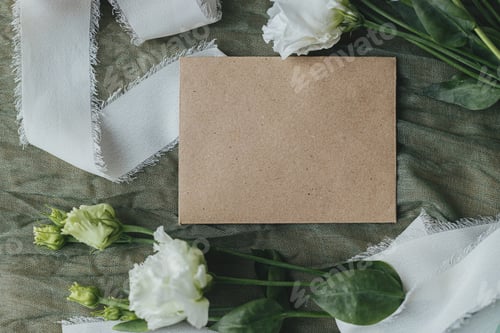 Preview: Stylish empty card and beautiful flowers on green fabric background flat lay