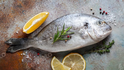 Preview: Fresh raw Dorado fish with spices and olive oil on a blue rusty table. Top view. Flat lay