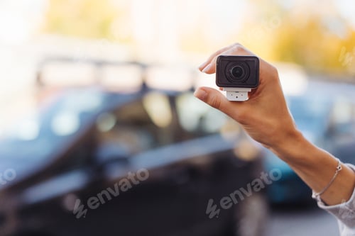 Preview: Video camera in a female hand, in the background the street