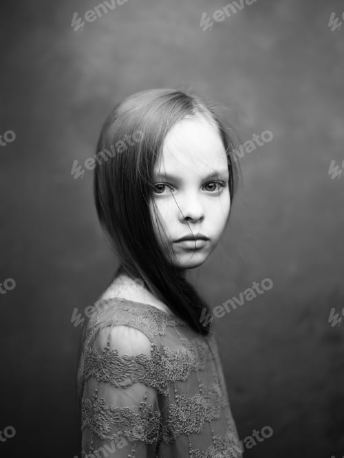 Preview: portrait of a little girl close-up posing black and white photo