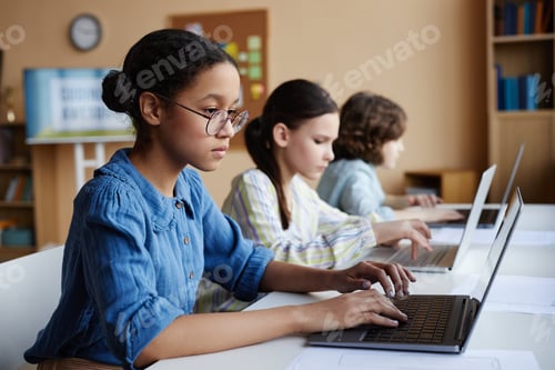 Preview: School children studying with computers in class