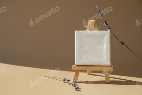 Preview: White paper note template mock up with dried lavender flower on neutral beige background. Copy space