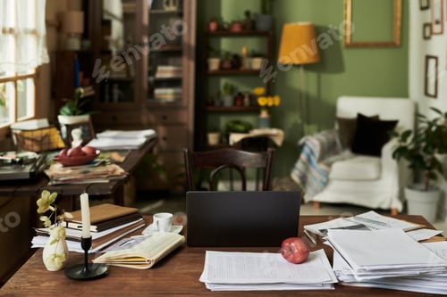 Preview: Cozy Home Office Space with Desk and Bookshelves