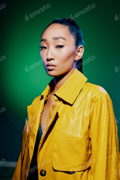 Preview: Woman beauty trendy green yellow light disco fashion neon background colorful night glamour purple