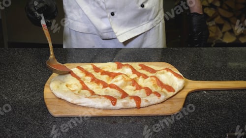 Preview: Close-up of chef prepares delicious Italian pizza in restaurant. Frame. Chef pours tomato sauce on
