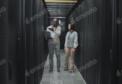 Preview: Server room, teamwork or people on laptop for software management, system upgrade or cyber security