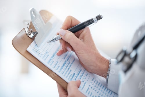Preview: Woman, doctor hands and writing on clipboard, checklist and healthcare consulting information. Clos
