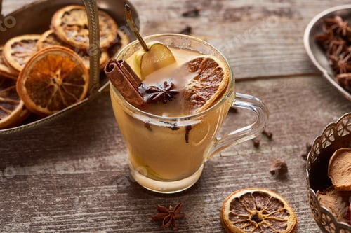 Preview: seasonal traditional pear mulled wine with spices in glass on wooden rustic table