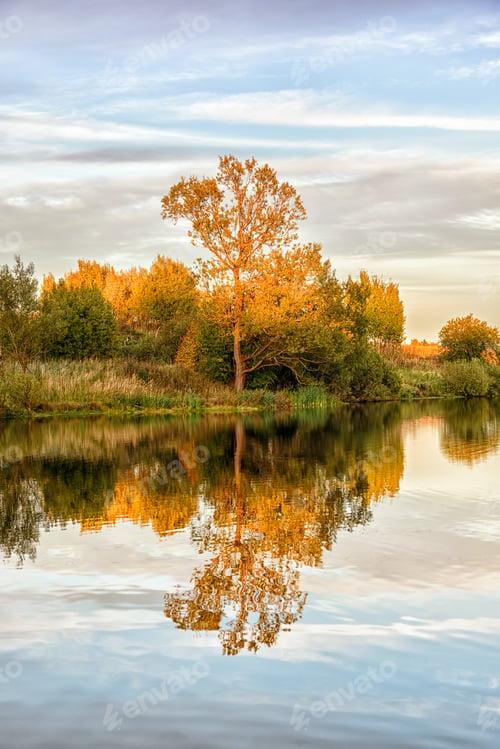 Preview: Autumn landscape with water, colorful trees.