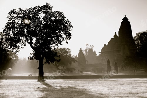 Preview: Silhouette of temple buildings surrounded by beautiful trees in Khajuraho, India