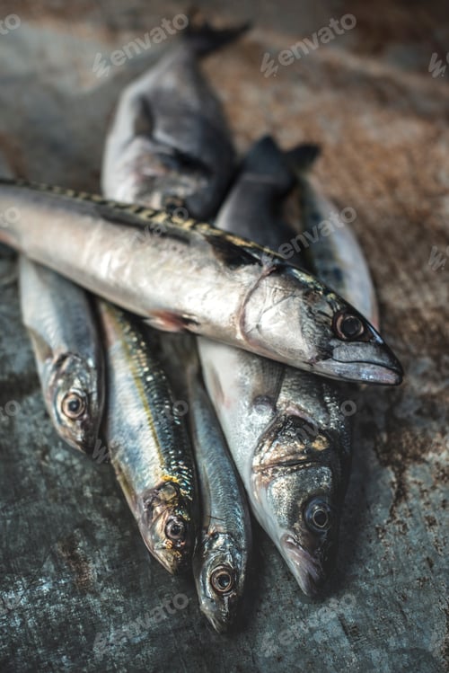 Preview: Raw fish. Sea bream, sea bass, mackerel and sardines on dark bac