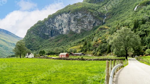 Preview: Rural road through green fields and traditional houses in Norwegian valley