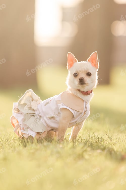 Preview: Small chihuahua dog in a dress stands in a field