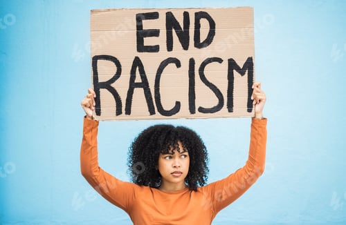 Preview: Black woman protest, sign and angry at racism, fight for equality, human rights and freedom isolate