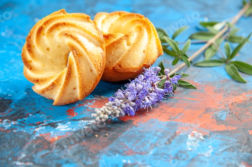 Preview: front view biscuits purple flowers on blue table