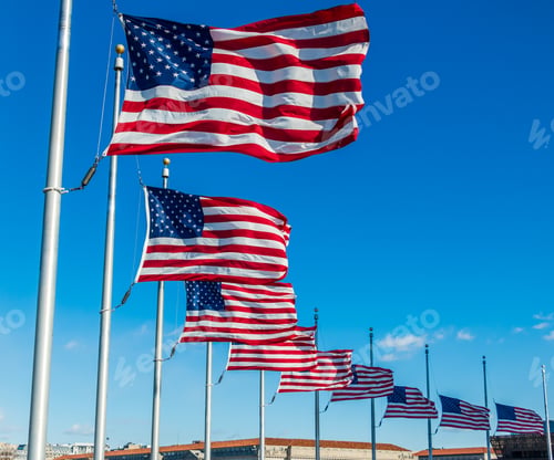 Preview: Many American Flags Waving at Washington Monument - Washington, D.C., USA