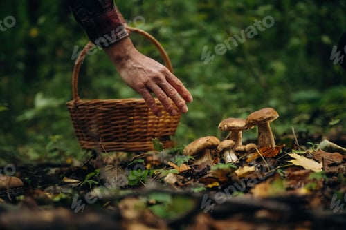 Preview: Holding the basket. Close up view of man that is doing mushroom picking in the forest