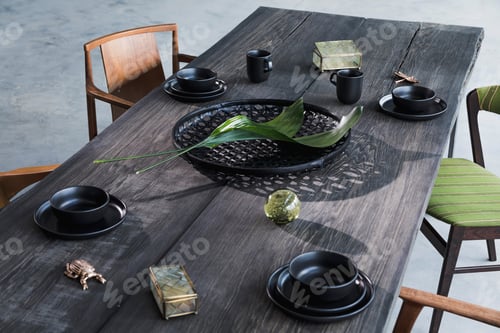 Preview: Elegant composition of classy dining room interior design with rustic table.