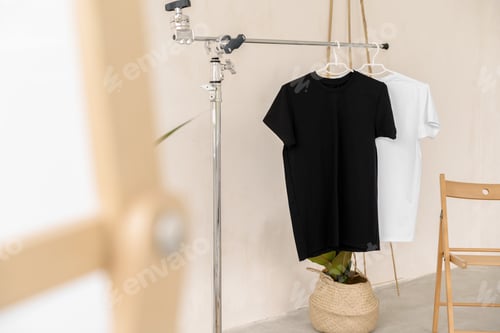 Preview: White and black T-shirts on hangers for design presentation
