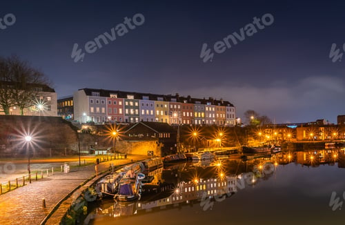 Preview: Beautiful view of the night Bristol with illuminated lamps in South West England