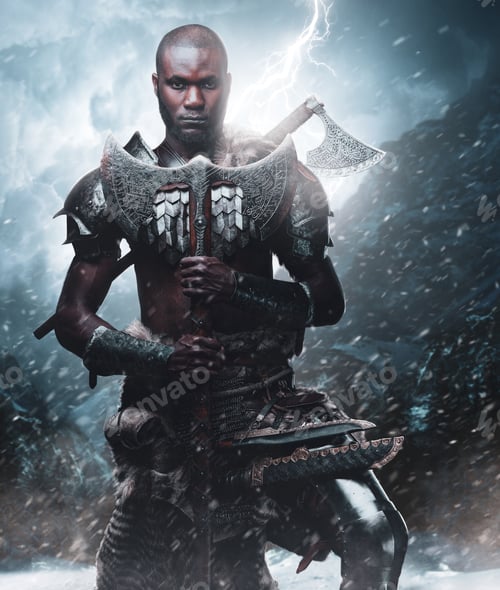 Preview: African viking in protective armor and deerskin with axe in blizzard